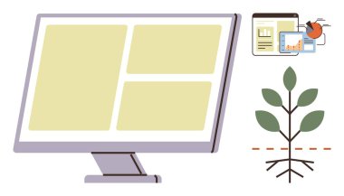 Büyümeyi ve veri analizini sembolize eden büyüyen bir bitkinin yanında grafikleri ve grafikleri gösteren bilgisayar ekranı. Takım çalışması, yenilik, strateji, eğitim ve iş için ideal