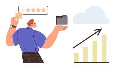 Bir yıldız ve klasör tutan bir adam, yukarı doğru yükselen bir grafiğin yanında. Başarı, ilerleme, veri büyümesi, dosya yönetimi, bulut depolama, müşteri geribildirim verimliliği için ideal. Basit düz metafor