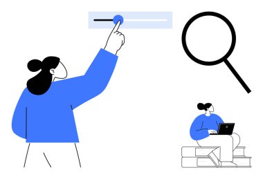 Arama çubuğu, büyük büyüteç ve dizüstü bilgisayarla istiflenmiş kitaplar üzerinde çalışan biri. Araştırma, çevrimiçi öğrenim, eğitim, teknoloji, keşif, üretkenlik için ideal