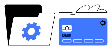 Dişli simgesi, mavi akıllı kart ve bulut ana hatlarıyla açılan klasör veri organizasyonu, güvenlik, bulut depolama veya ödeme sistemlerini gösteriyor. Teknoloji, finans ve bilişim güvenlik veri depolaması için ideal