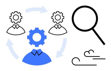 İşbirliği, süreç ya da takım çalışmasını temsil eden oklarla birbirine bağlı dişli başlılar. Büyüteç analizi ya da arama yapmayı öneriyor. Akan çizgiler hareketi ya da sürekliliği çağrıştırır. İdeal