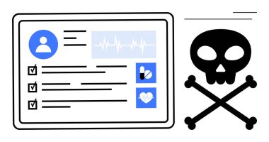 Kullanıcı simgesi, kontrol listesi, EKG dalgası, uyuşturucu ikonu, kalp sembolü ve toksisiteyi gösteren kafatası kemikleri olan tıbbi profil. Sağlık, alarm, veri riski, karar verme mekanizması için ideal