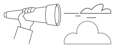 Uzak bulutlara odaklanan, görüş, strateji, planlama, keşif, öngörü, merak ve gelecekteki hedefleri temsil eden bir teleskopu kavramak. Basit düz metafor için ideal