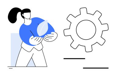 Yaprak tutan kadın, yenilik ve endüstriyi simgeleyen bir dişlinin yanı sıra eko-bilinci ve sürdürülebilirliği de simgeler. Çevredeki temalar, teknoloji, ilerleme, takım çalışması için ideal