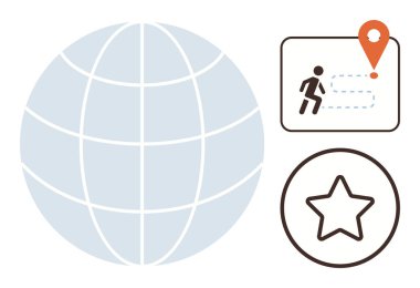 Dünya ızgara küresi, konuma giden kişinin rota haritası, turuncu işaret ve yıldız rozeti. Seyahat, konum belirleme, keşif, seyrüsefer, başarı ve motivasyon için idealdir. Basit.