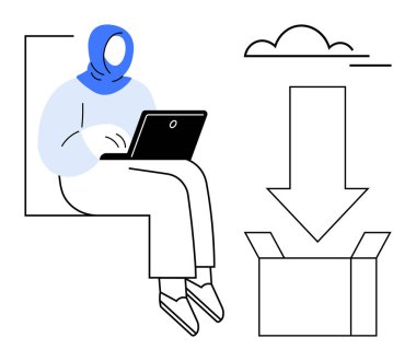 Başörtüsü takmış, dizüstü bilgisayarı kullanarak kutunun altındaki kutuyu işaret eden bir kadın. Uzaktan çalışma, bulut depolama, dijital organizasyon, teknoloji, e-ticaret, lojistik, basit düz metafor için ideal