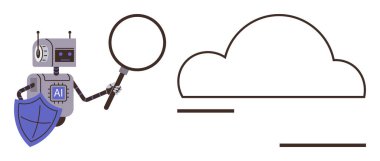 Robot, yapay zeka sembolü ve kalkan ile soyut bulutu denetleyen bir büyüteç tutuyor. Siber güvenlik, veri koruması, yapay zeka araştırması, bulut hesaplama, dijital güvenlik, bilişim çözümleri, basit düz alan