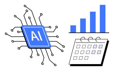 Bağlı devreleri olan yapay zeka işlemci çipi, yükselen bar çizelgesi ve teknolojiyi temsil eden takvim, otomasyon, analiz, plan, verimlilik, verimlilik ve gelecekteki teknolojiyi temsil ediyor. Temiz düz metafor