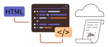 HTML dilini dijital bulut deposuna bağlayan kodlama ortamı ve imzalanmış belge. Program, web tasarımı, veri yönetimi, dijital dönüşüm, bulut hesaplama, teknoloji için ideal