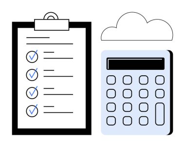 Verimliliği, organizasyonu ve verimliliği simgeleyen kontrol listesi, hesap makinesi ve bulut simgesi olan pano. İş, finans, muhasebe, planlama, bulut depolama görevi takibi için ideal