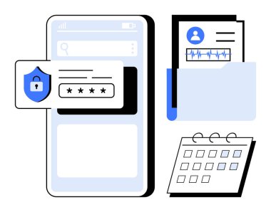 Şifre kilidi simgesine, dijital dosyalara, klasörde kullanıcı profiline ve takvime sahip akıllı telefon. Siber güvenlik, veri koruması, kullanıcı kimlik denetimi, zamanlaması, sağlık hizmetleri bulut depolaması için ideal