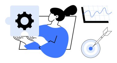 Dişli yapboz parçası tutan kadın, problem çözmeyi temsil ediyor. Büyüme grafiği ve hedefi analitik, hedef belirleme ve başarıyı sembolize eder. Strateji, üretkenlik, takım çalışması ve planlama için ideal