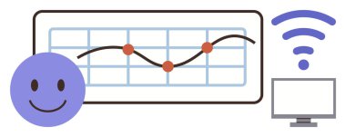 Ekranda veri noktaları, kablosuz sinyal ve bilgisayar olan mutlu yüz ifadesi. Veri analizi, kullanıcı geribildirimi, kablosuz teknoloji, iş büyümesi, dijital bağlantı, kullanıcı deneyimi için ideal