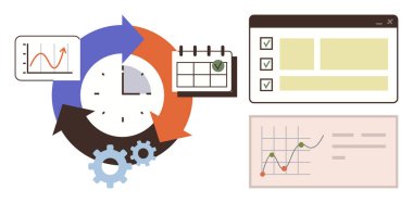 Oklarla çevrili saat, takvim, kontrol listesi ve verimliliği, planlamayı ve analizi vurgulayan grafikler. Çalışma akışı, organizasyon, izleme hedefleri proje yönetimi verimliliği için ideal basit