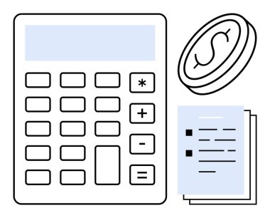 Büyük anahtarlı hesap makinesi, maddi işlemleri ve analizleri resmeden madeni para yığını. Muhasebe, bütçe, vergi, yatırım, kişisel finans, ofis için ideal