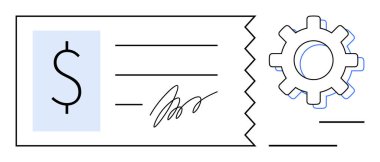 Otomasyonu temsil eden bir dişlinin yanında dolar işareti, imza ve tırtıklı kenarları kontrol edin. Finans, finans, ödeme işlemleri, otomasyon, muhasebe bankacılığı için ideal. En düşük düz