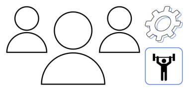 Üç ana hatlı insan ikonu, yeniliğin vites sembolü, sağlık için halter ikonu. Takım çalışması, fitness, verimlilik, yenilik, sağlık programları, dijital yönetim işbirliği için ideal