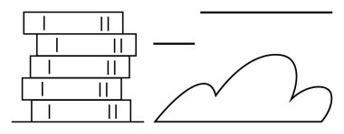 Basit bir düz metafordaki bulut depolama, bilgisayar, teknoloji, ağ, veri transferi, bilişim altyapısı ve dijital bağlantıyı sembolize eden basit bir bulut ana hatının yanında istiflenmiş sunucu rafları
