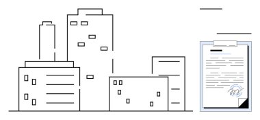 Modern binaların olduğu şehir manzarası ve panoda imzalı bir sözleşme. Gayrimenkul, iş anlaşmaları, kentsel planlama, yasal işler, yatırımlar, mimari kavramlar ve yönetim için idealdir. Basit.