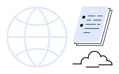 Küresel erişimi simgeleyen küre, bilgiyi gösteren belge yığını ve dijital depolamayı temsil eden bulut. Teknoloji, iletişim, bulut hesaplama, küreselleşme, dosya paylaşımı için ideal