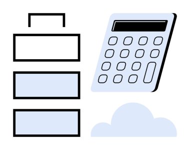Hesap makinesi, bulut ve dosya dolabı dijital depolama, veri analizi ve finansal organizasyon. Teknoloji, finans, bütçe, muhasebe verimliliği bulut hesaplaması için ideal