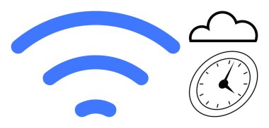 Siyah-beyaz bulut ve saati olan kablosuz sinyal simgesi, bağlantıyı, bulut hesaplamasını, çevrimiçi senkronizasyonu, verimlilik, dijital çözümler ve basit bir düz düzlemde zaman tasarrufu simgeliyor.