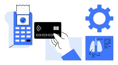 Fatura, dişli sembolü ve akciğer taramasıyla ödeme terminalinin yanındaki kredi kartında. Finans, teknoloji, sağlık, otomasyon, yenilik teşhisi, kusursuz süreçler için idealdir. Basit.