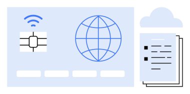 Kablosuz çip, küresel bağlantı için dünya ikonu, bulut simgesi ve belge yığını gösteren ödeme kartı. Finans, ekommerce, işlemler, veri güvenliği, teknoloji yeniliği için ideal dijital