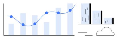 Yükselen çizgi grafiği, gökdelenler ve bulut elementleri. Veri analizi, iş büyümesi, mali trendler, kentsel planlama, teknoloji tahmini ve ekonomi için ideal. Basit.