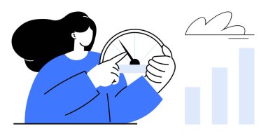 Kadın hız göstergesi iğnesini işaret ediyor, elinde dairesel bir gösterge var. Arka planda yükselen çizelge ve bulut. Performans, büyüme, analiz, ilerleme, veri, optimizasyon için ideal basit düz metafor