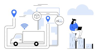 GPS güzergahlı teslimat kamyonu, paket simgeleri, akıllı telefon analizleri, kablosuz bağlantı ve dizüstü bilgisayar kullanan kadın. Lojistik, nakliye, teknoloji ve veri taşımacılığı için ideal