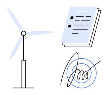 Rüzgar türbini, sözleşme belgeleri ve imza simgesi yenilenebilir enerji anlaşmalarını sembolize ediyor. Sürdürülebilirlik, temiz enerji, yasal, sözleşmeler, çevre dostu çözümler, ortaklık gücü için ideal