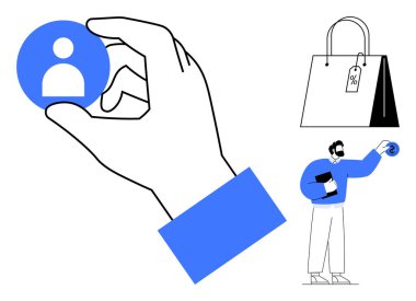 El ele tutuşan kullanıcı simgesi, indirimli etiketli alışveriş çantası, cüzdan tutan kişi. Pazarlama, markalaşma, e-ticaret, perakende, tüketici davranışı müşteri sadakati ilişkileri kurmak için idealdir. Basit.