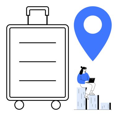 Tekerlekli büyük bir bavul, mavi bir lokasyon iğnesi ve dizüstü bilgisayarda çalışan biri. Seyahat, turizm, uzak çalışma, macera, dijital göçebe yaşam tarzı, navigasyon için ideal düz metafor