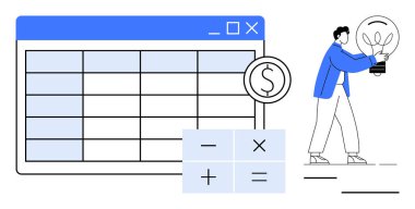 Matematik sembolleri, dolar işaretleri ve işletim araçlarıyla birlikte hesap tablosunun yanında bir ampul tutan kişi. Finans, bütçe, yenilik, strateji, çözümler, eğitim ve ilham için ideal. Basit.