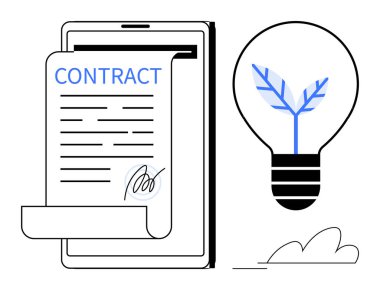 Çevre dostu yeniliği sembolize eden bir ampulün yanında imzalı kontrat parşömenini gösteren dijital tablet. Hukuki hizmetler, e-imzalar, sürdürülebilirlik, iş anlaşmaları, yenilenebilir kaynaklar için ideal