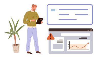 Tablet tutan bir adam dijital bir panelin yanında verileri inceliyor, içinde dosya, uyarı simgesi ve metin kutuları var. Analiz, üretkenlik, teknoloji, problem çözme, iş akışı, veri gözden geçirme için ideal