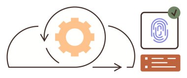 Bulut içindeki dişliler, işlem akışını gösteren oklar, parmak izi doğrulama, doğrulama kontrolü ve veri kartı. Bulut hesaplama, güvenlik, iş akışı, kimlik doğrulama dijital için ideal