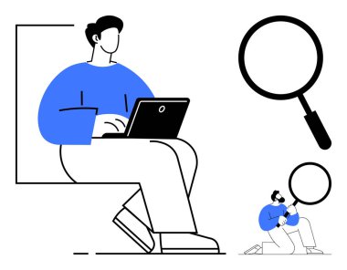 Dizüstü bilgisayarda yazan kişi, keşif, odaklanma ve keşfi sembolize eden büyük büyüteç. Araştırma, analiz, verimlilik, teknoloji arama eğitim işi için ideal. Basit düz