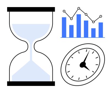 Kum saati, analog saat ve çizgi grafiği zamanı, verimliliği ve veri büyümesini sembolize ediyor. İş, planlama, analiz, verimlilik süreleri ve hedefleri için ideal