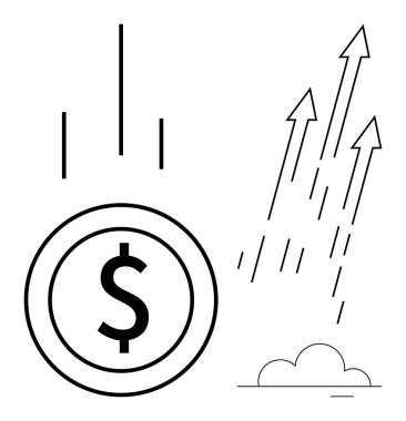 Dolar parası düşüyor ve oklar yukarı doğru bulutu işaret ediyor, finansal büyümeyi, yatırım getirilerini ve ekonomik gelişmeyi sembolize ediyor. İş, finans, başarı, ilerleme ve ekonomi için ideal