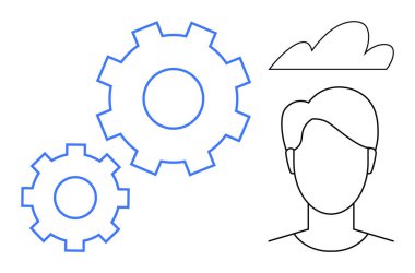 Dişliler ve bulutların yanındaki insan yüzü yenilik, düşünme, teknoloji, bağlantı, takım çalışması, yaratıcılık ve dijital dönüşümü sembolize ediyor. Basit problem çözme kavramları için idealdir