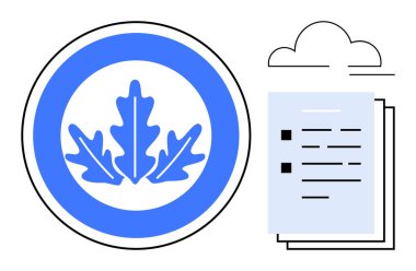 Bulut simgesinin yanında bir dairenin içinde mavi yaprak amblemi ve istiflenmiş belge gösterimi. Sürdürülebilirlik, çevre, ilerleme, veri depolama, belgeler, doğa, basit düz metafor