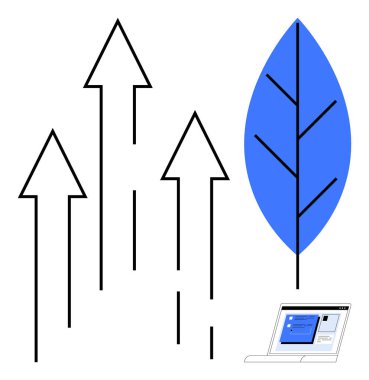 İlerlemeyi temsil eden oklar, sürdürülebilirliği sembolize eden mavi bir yaprak ve dijital içeriği gösteren bir laptop ekranı. Büyüme, yenilik, doğa, eko-dostluk, teknoloji ve iş için ideal