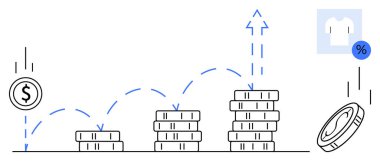 Zıplayan ve yukarı doğru istiflenen paralar, indirim yüzdesi ve giyim yüzdesiyle büyümeyi işaret eder. Finans, tasarruf, bütçe, e-ticaret, satış stratejisi, yatırım büyümesi, gelir için ideal. Basit düz