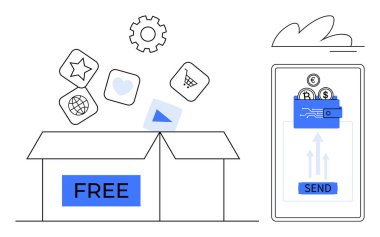 Dijital uygulama simgelerini serbest bırakan açık kutu, para transferi sürecini gösteren mobil ekranın yanında kalp, el arabası ve küreyi de işaret ediyor. Teknoloji, uygulamalar, yenilik, e-ticaret, finans için ideal