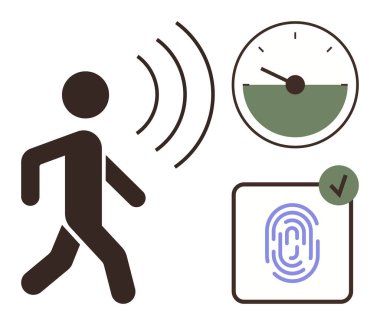 Hareket dalgalı yürüyen figür, işaretli onaylı parmak izi taraması ve hız göstergesi ölçer. Güvenlik, kimlik doğrulama, teknoloji, biyometrik, zaman izleme, otomasyon fütüristik