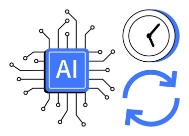 Devrelerle, duvar saatiyle bağlantılı yapay zeka çipi ve otomasyonu, verimliliği ve yeniliği temsil eden tazelenmiş oklar. Yapay zeka, zaman optimizasyonu, verimlilik, otomasyon teknolojisi için ideal