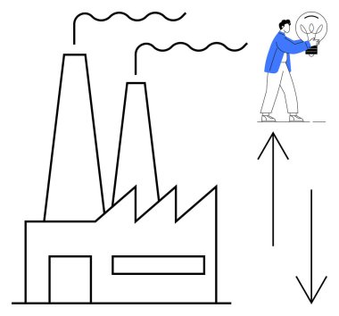 Dumanlı fabrika, yenilikçi enerji fikri elinde bitki ampulü tutan kişi tarafından sembolize ediliyor. Oklar değişimi simgeler. Sürdürülebilirlik, yenilik, endüstri, yeşil ekonomi, çevre, temiz