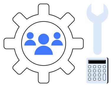 Mavi takım simgeleri, anahtar ve hesap makinesiyle eşleştirilmiş, işbirliğini, verimliliği ve problem çözmeyi sembolize ediyor. Takım çalışması, işlemler, iş gücü, mühendislik finans planlaması için ideal